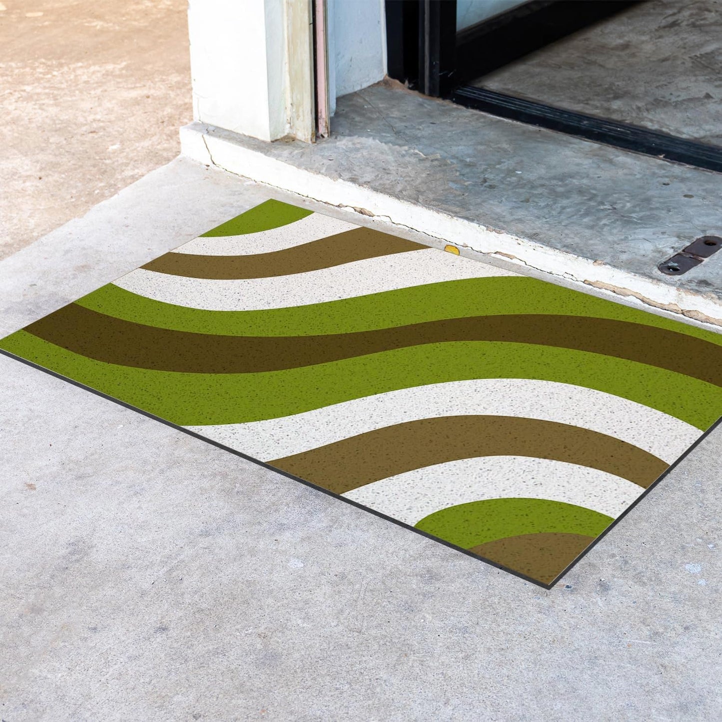 Feblilac Green, White and Brown Curves PVC Coil Door Mat