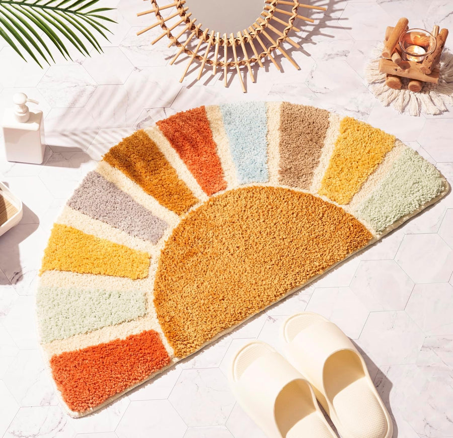 Feblilac Boho Rainbow Sunrise Tufted Bath Mat – Half-Circle Design in Earthy Tones, Cozy & Aesthetic Bathroom