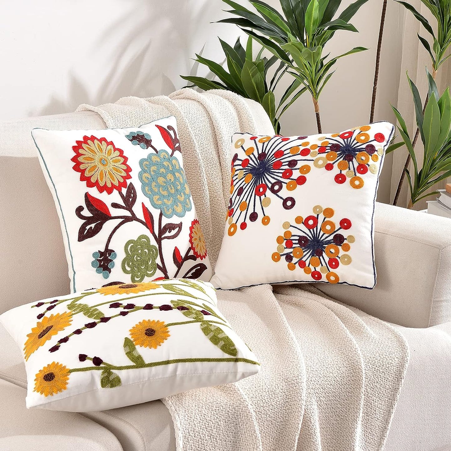 Feblilac Pack of 2 Flower Decorative Throw Pillow Covers Jacquard Pillowcase Soft Square Cushion Cozy Pillowcase for Couch Bedroom(Style1,18x18 Inch)