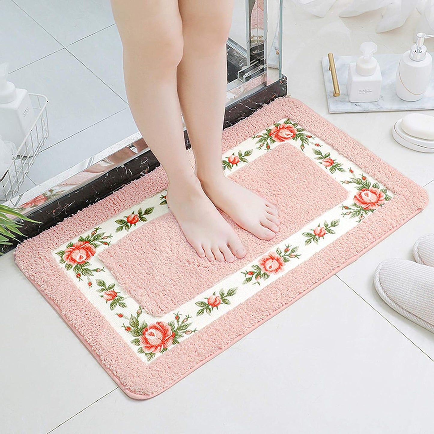 Feblilac Pink Flower Tufted Bathroom Mat Toilet U-Shaped Floor Mat