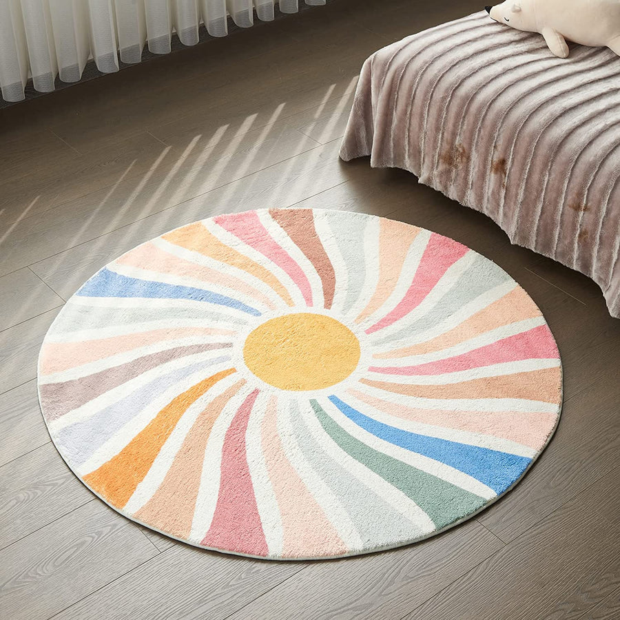 Feblilac Round Colorful Sunshine Area Rug, Boho Rainbow Area Rug, Living Room Mat - view 3