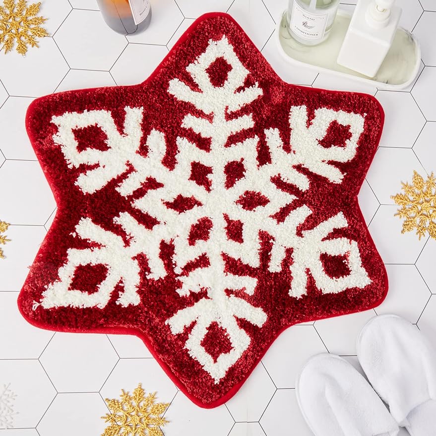 Red Christmas Snowflake Rug, Cute Bath Mat, Holiday Bathroom Rug