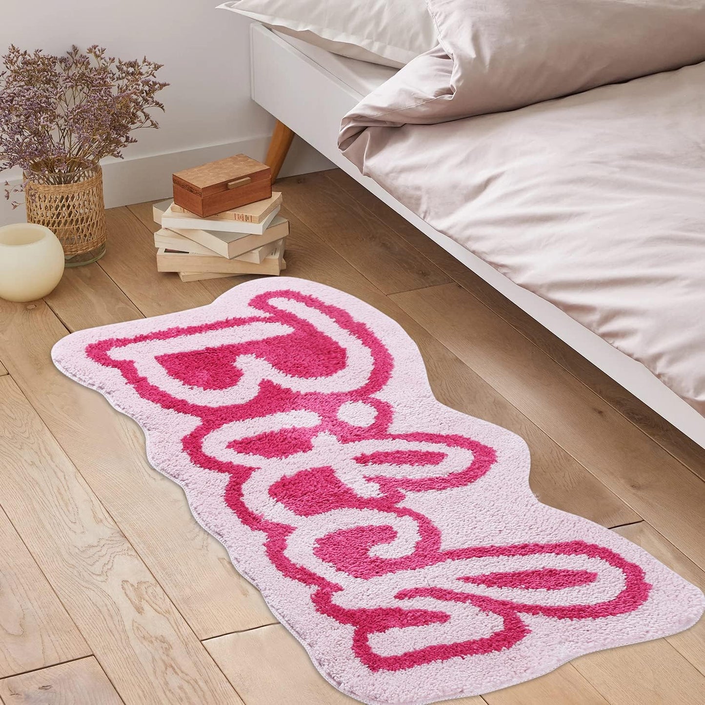 Funny Cute Rugs for Bedroom Bathroom Dorm Kitchen Non Slip Rubber Backed Machine Washable, Swear Words Bitch Funky Cool Rugs Colorful Fluffy Shaggy Bedside Accent Rug 35"x18"(Pink)