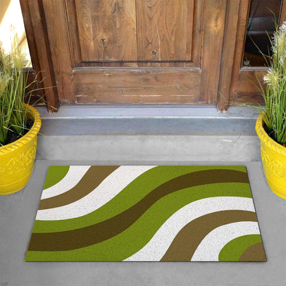 Feblilac Green, White and Brown Curves PVC Coil Door Mat