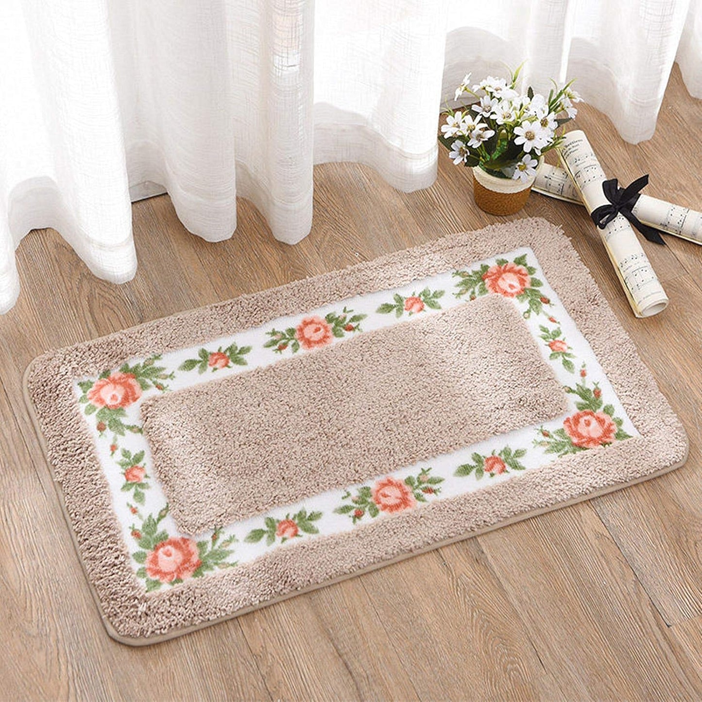 Feblilac Khaki Tufted Bathroom Mat Toilet U-Shaped Floor Mat