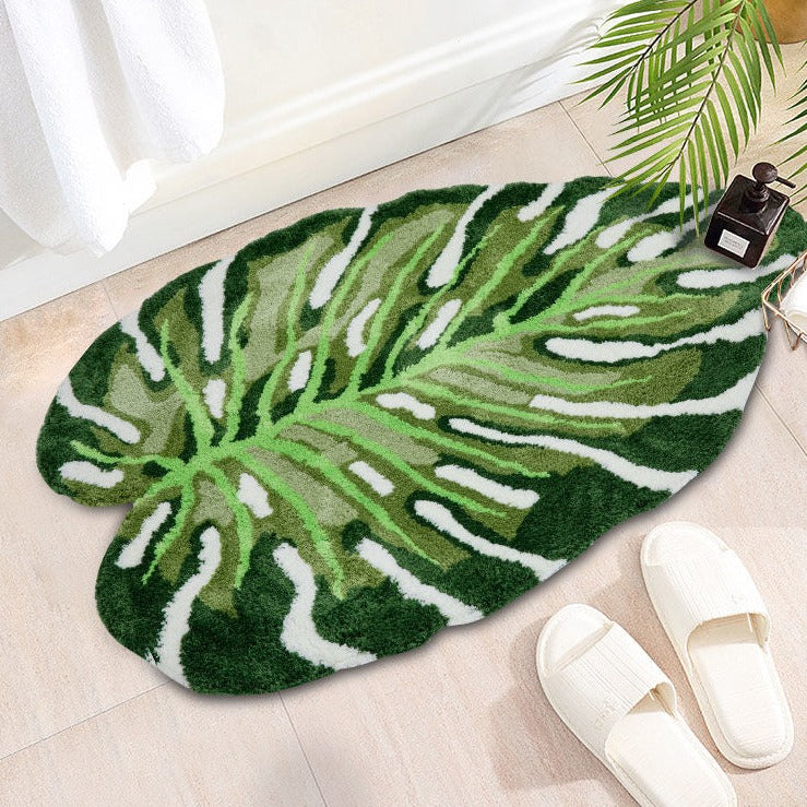 Feblilac Tropical Green Leaves Bath Mat, Monstera Leaf Rug for Bedroom