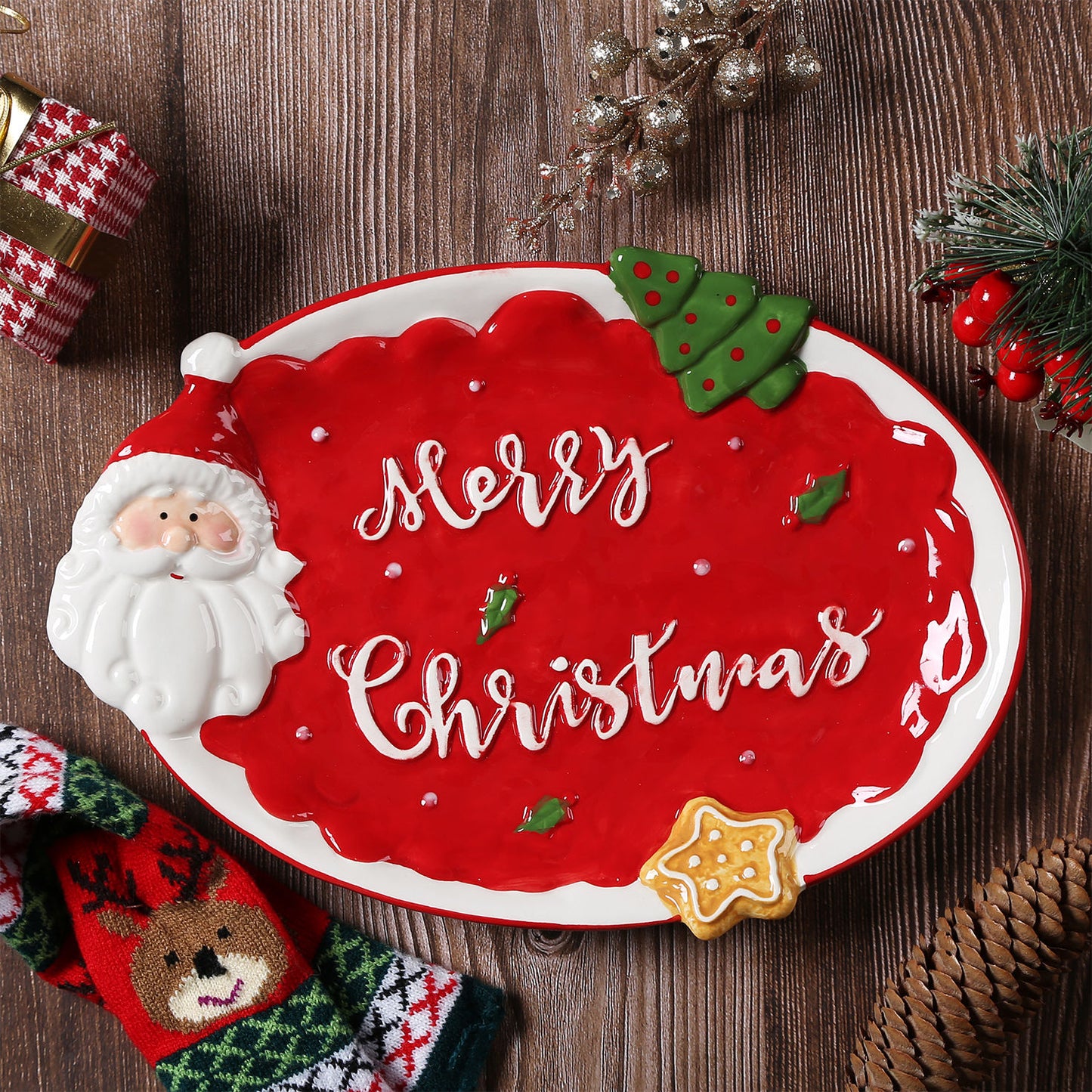 Santa Claus Pine Tree Ceramic Tray, Cute Holiday Plate for Kitchen Dessert Tableware, Christmas Decor