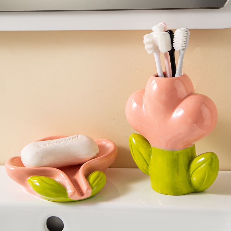Feblilac Creative Ceramic Soap Box, Flower Toothbrush Holder, Sink Storage Cylinder, Bathroom Soap Box Decorat - view 2