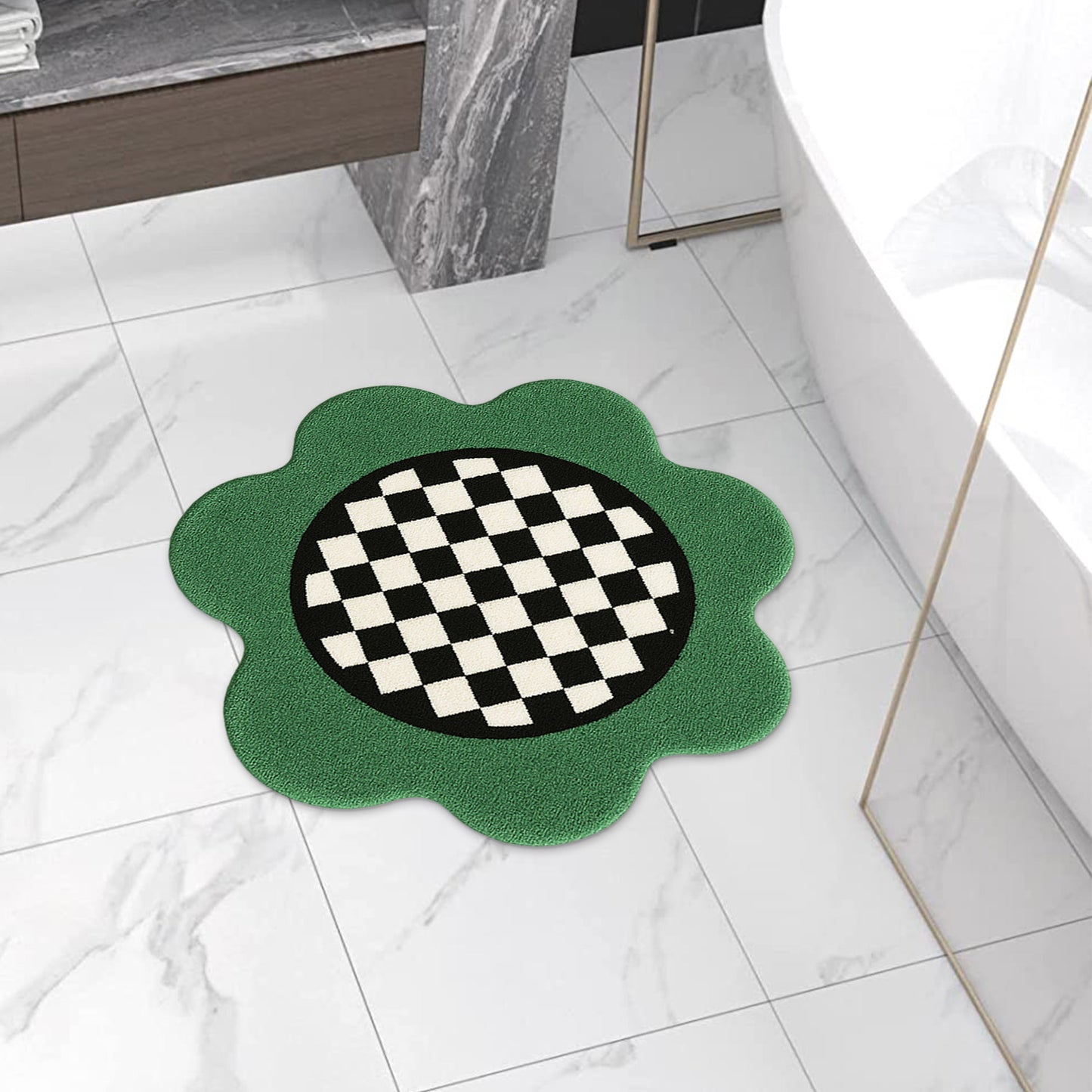 Feblilac Green Checkerboard Tufted Round Bath Mat view 5