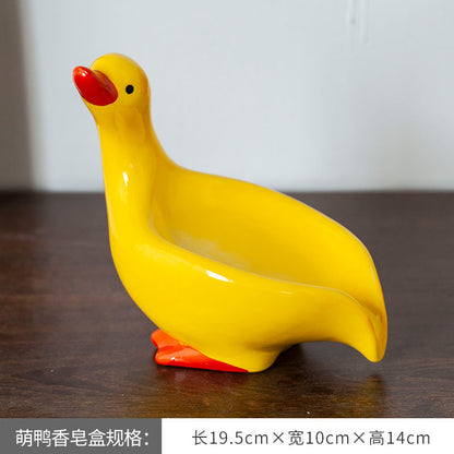 Feblilac Soap Box Ceramic Household Drain Soap Box Mengqu Little Duck Creative Kitchen Bathroom No Punching Soap Dish