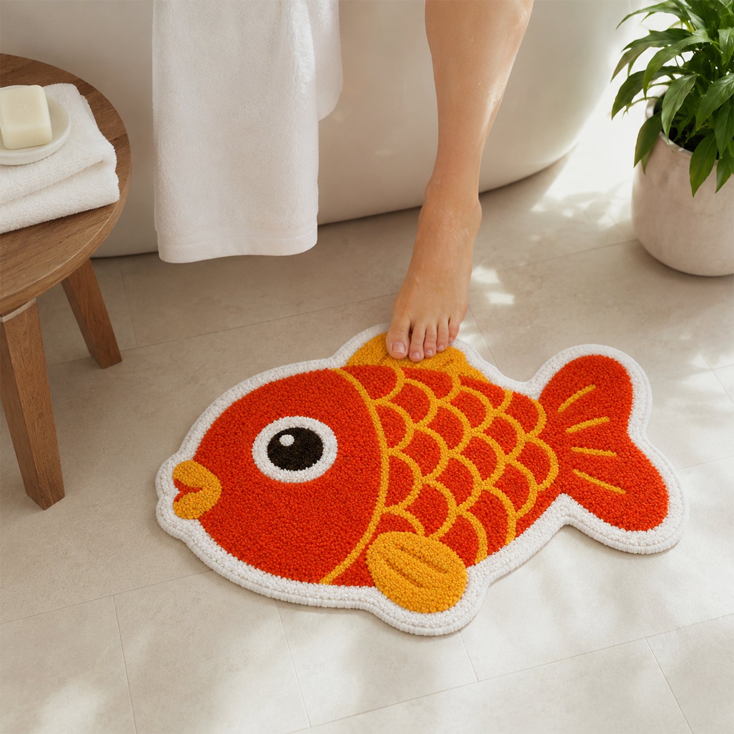 Feblilac Red Orange Fish Tufted Rug – Cute Shaped Bathroom & Entryway Mat