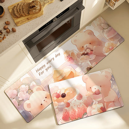 Feblilac Cartoon Pink Cream Cake and Bear PVC Leather Kitchen Mat