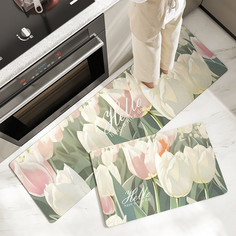 Feblilac Tulip Flowers PVC Leather Kitchen Mat