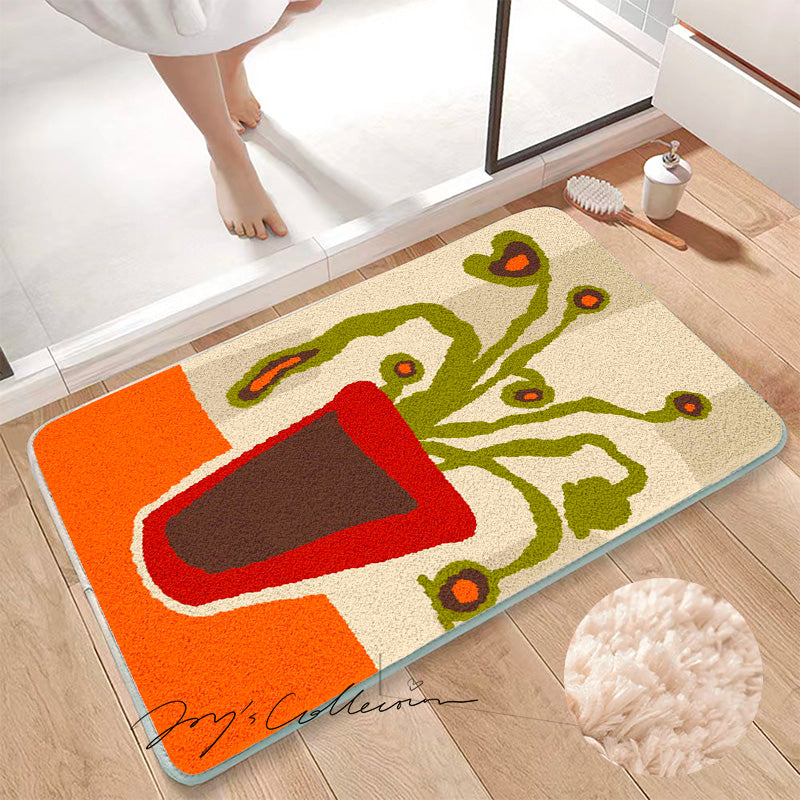 Feblilac Red Vase and Green Plant Tufted Bath Mat