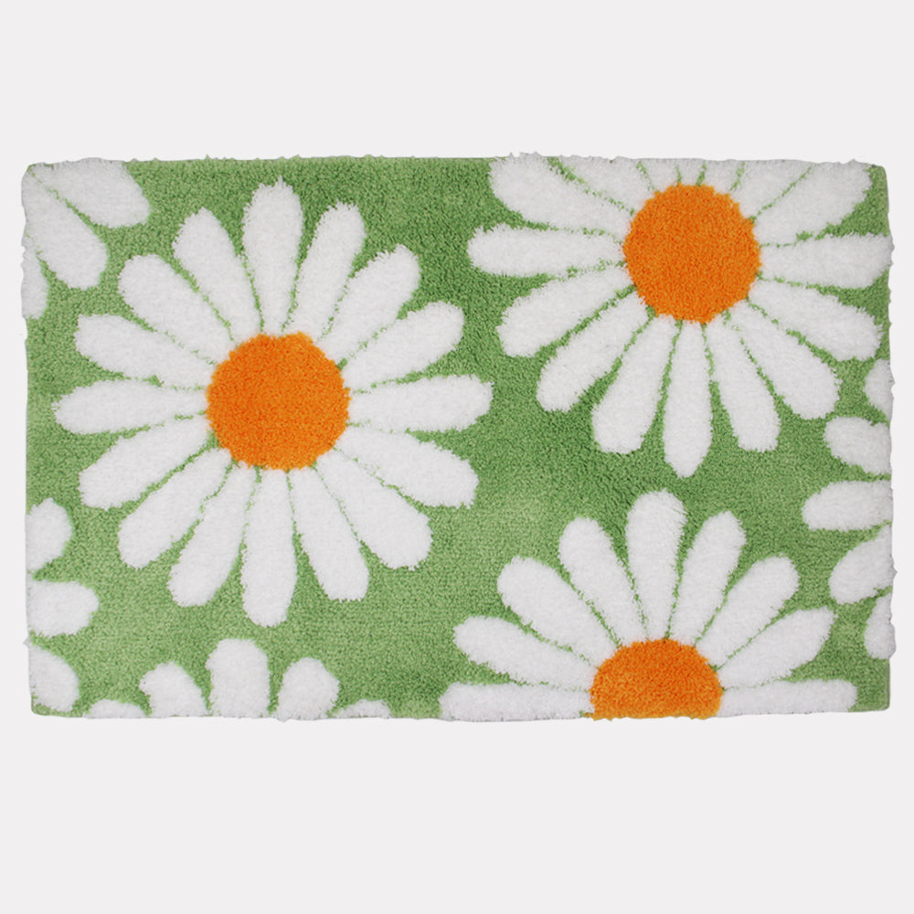 Green Semicircle Daisy Bathroom Mat, White Flower Bath Rug, Nature Bat –  Feblilac® Mat