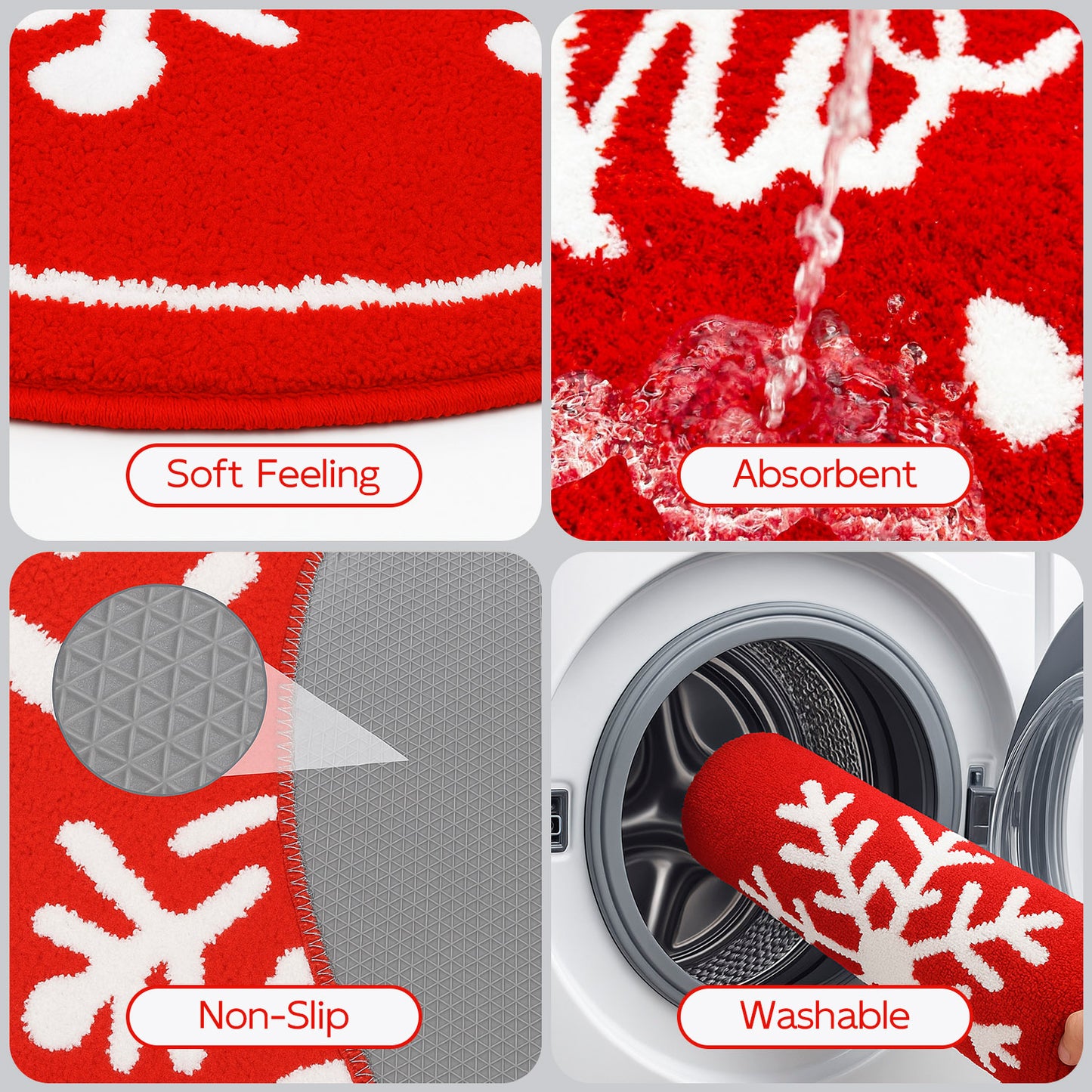 Feblilac Red background White Snowflakes Christmas style Tufted Bath Mat