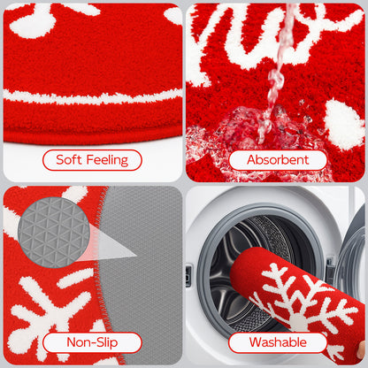 Feblilac Red background White Snowflakes Christmas style Tufted Bath Mat