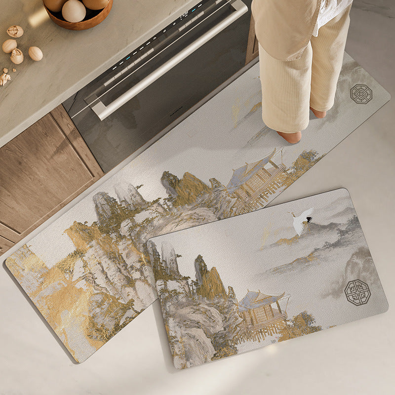 Feblilac Chinese Hilltop and White Crane PVC Leather Kitchen Mat