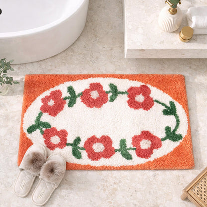 Feblilac Red Floral Wreath Tufted Bath Mat – Oval Design, Soft & Cheerful Bathroom Rug
