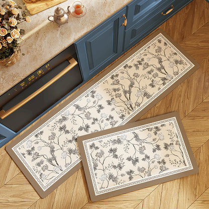 Feblilac White Flowers PVC Leather Kitchen Mat