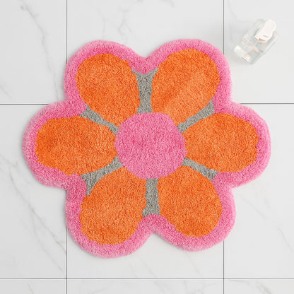 Feblilac Pink & Orange Flower Tufted Bath Mat – Soft Absorbent Non-Slip Rug