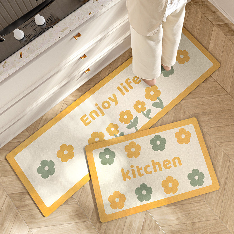 Feblilac Yellow and Green Flowers PVC Leather Kitchen Mat