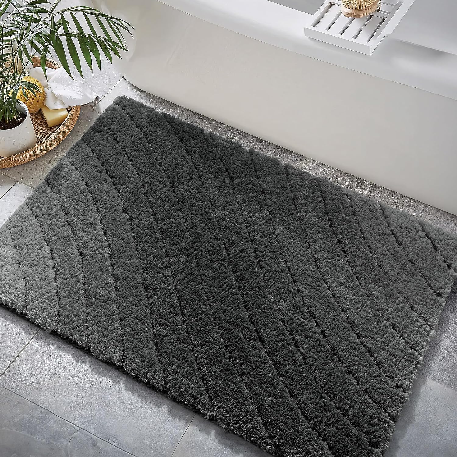 Feblilac Solid Tufted Bath Mat, Curved Line Art Bathroom Rug - view 14