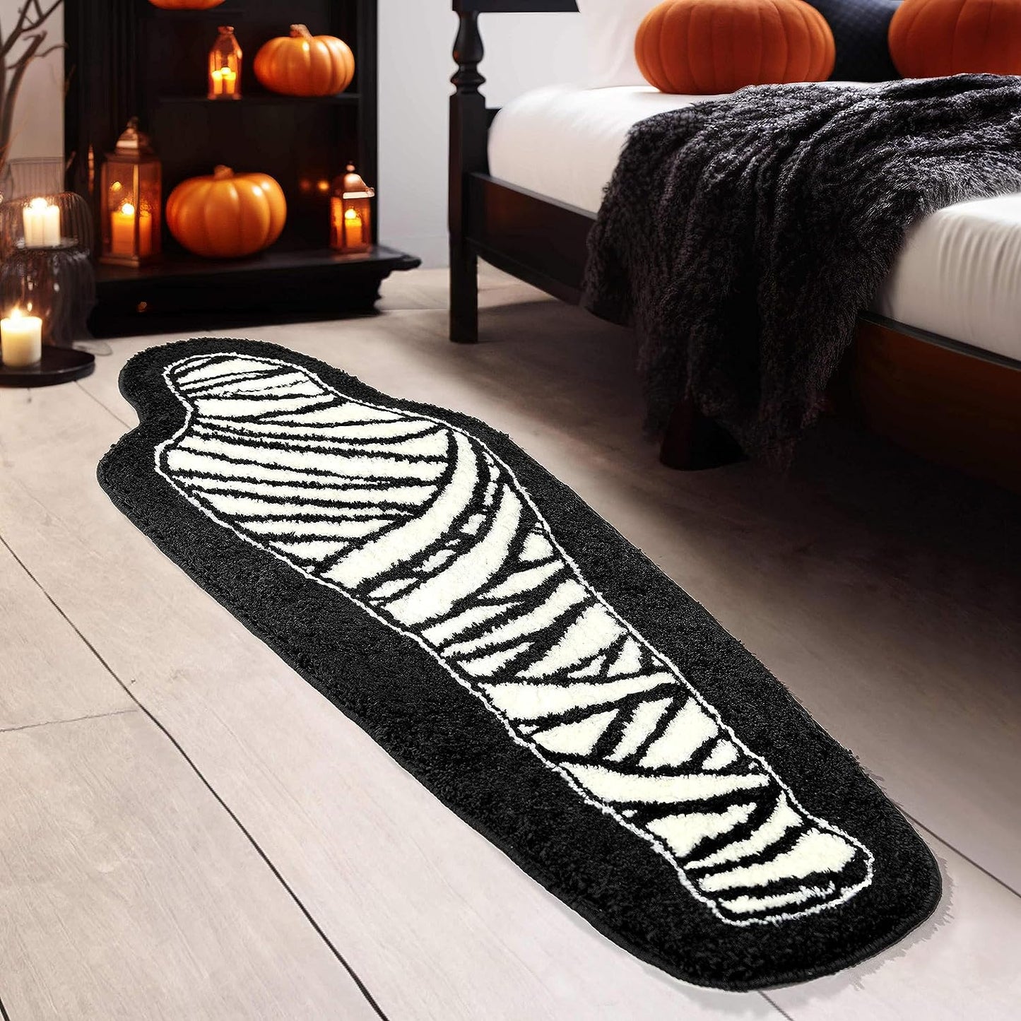 Feblilac Halloween Bathroom Rug, Black and White Mummy Bathroom Mat, 18x47 inch