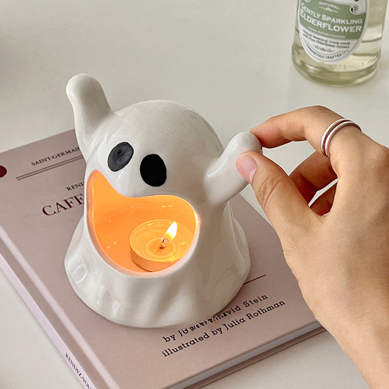 Feblilac Cute Ghost Ceramic Candle Holder Ornament Dining Table Scented Candle Holder Halloween Photo Decoration Props