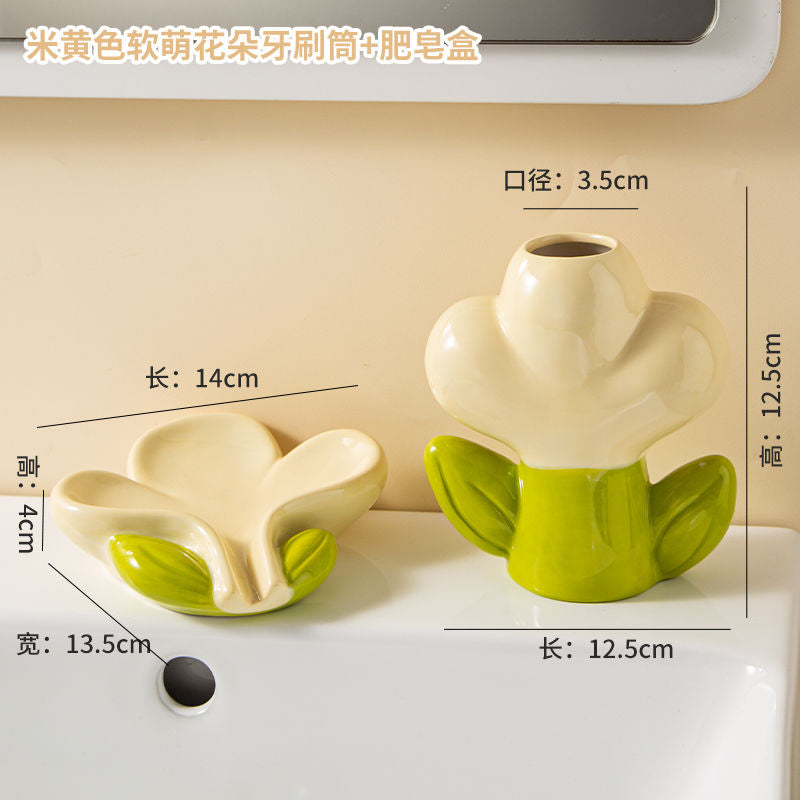 Feblilac Creative Ceramic Soap Box, Flower Toothbrush Holder, Sink Storage Cylinder, Bathroom Soap Box Decorat - view 37
