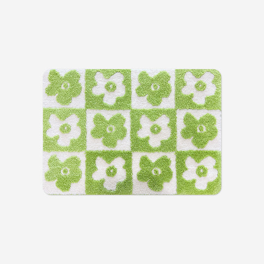 Feblilac Green-white Flower Checkerboard Tufted Bath Mat