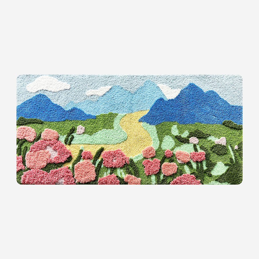 Feblilac Blue Sky Mountain Flower Bush Runner Tufted Bath Mat