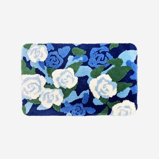 Feblilac Blue-white Rose Garden Tufted Bath Mat
