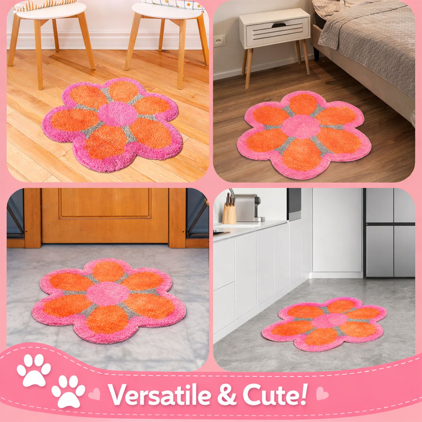 Feblilac Pink & Orange Flower Tufted Bath Mat – Soft Absorbent Non-Slip Rug