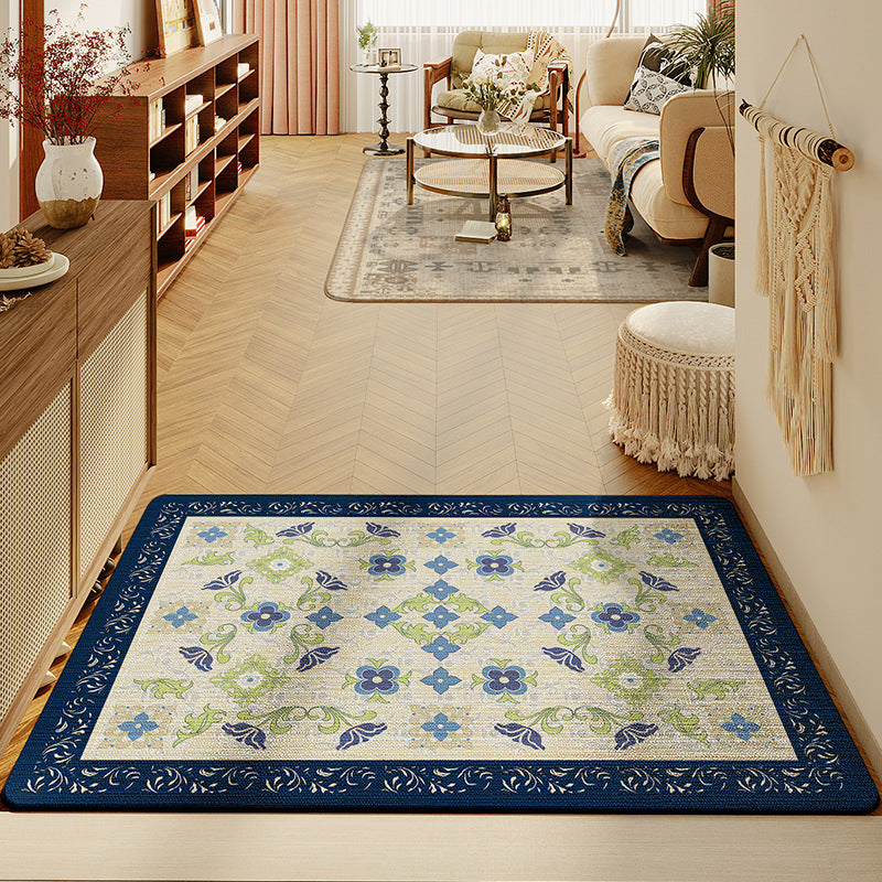 Feblilac Classic Blue Flowers and Green Leaves Polyester Door Mat