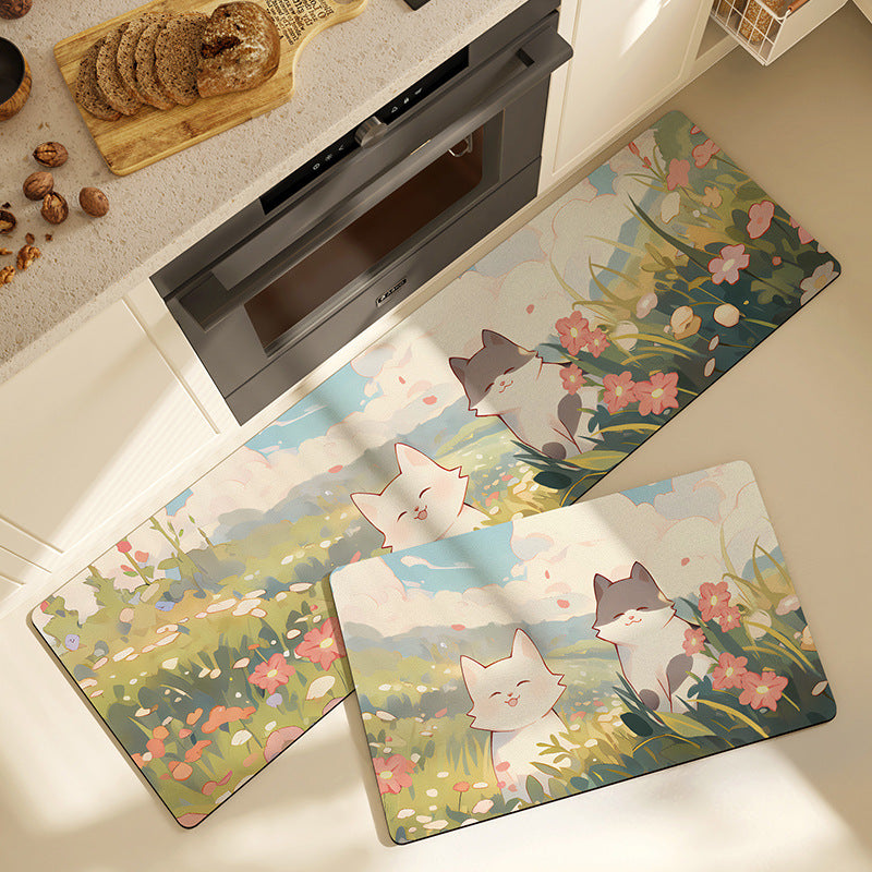 Feblilac Cartoon Flower Field and Cats PVC Leather Kitchen Mat