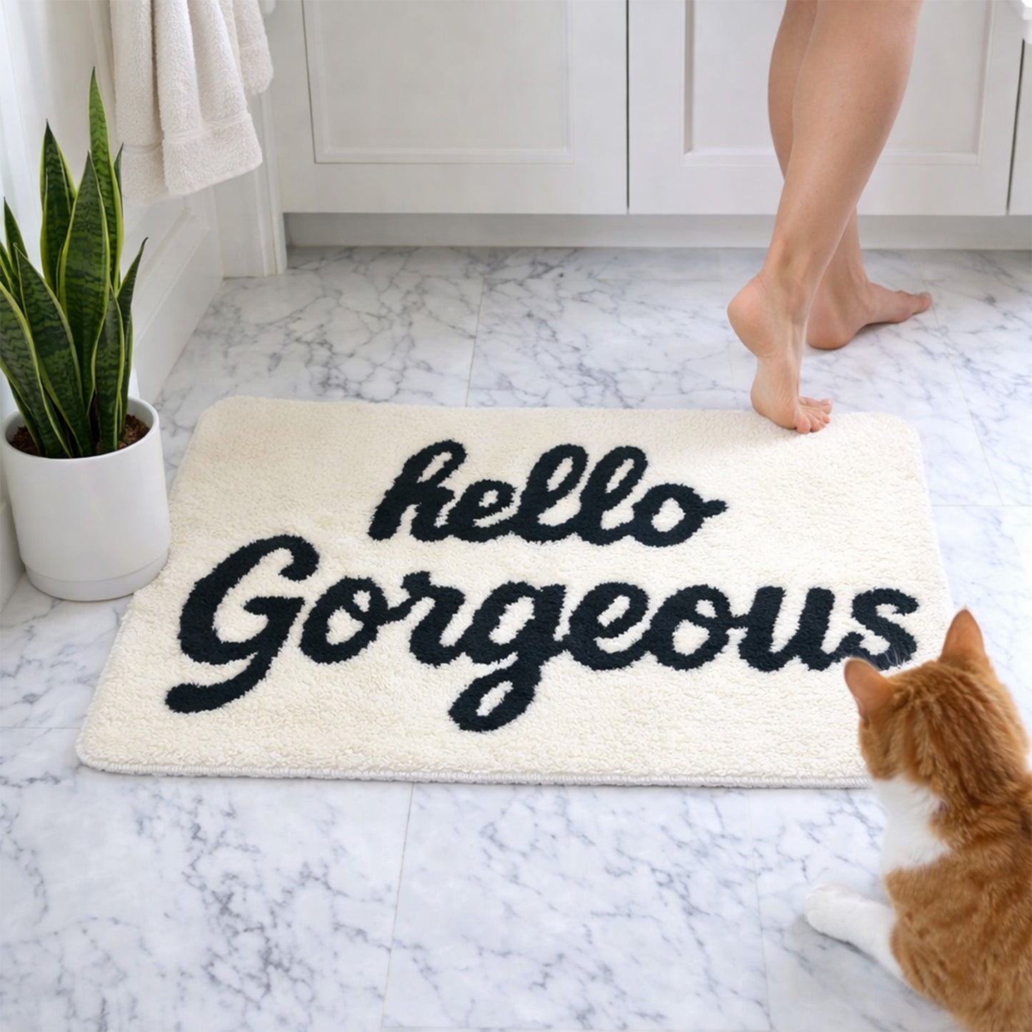 Feblilac Hello Gorgeous White Ground Bath Mat, Black and White Mat for Bedroom Living Room Balcony