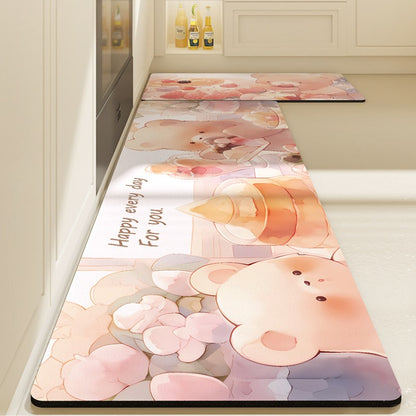 Feblilac Cartoon Pink Cream Cake and Bear PVC Leather Kitchen Mat