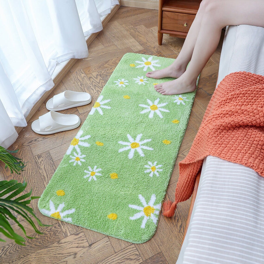 Feblilac Daisy Flowers Bedroom Runner, Floral Green Soft Indoor Area Rug, Water Absorbent Non-Slip Microfiber - view 2