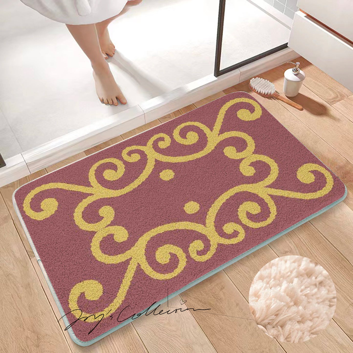 Feblilac Red Background Baroque Pattern Tufted Bath Mat