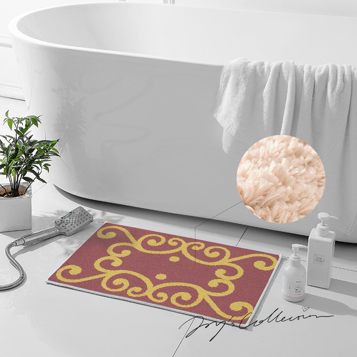 Feblilac Red Background Baroque Pattern Tufted Bath Mat