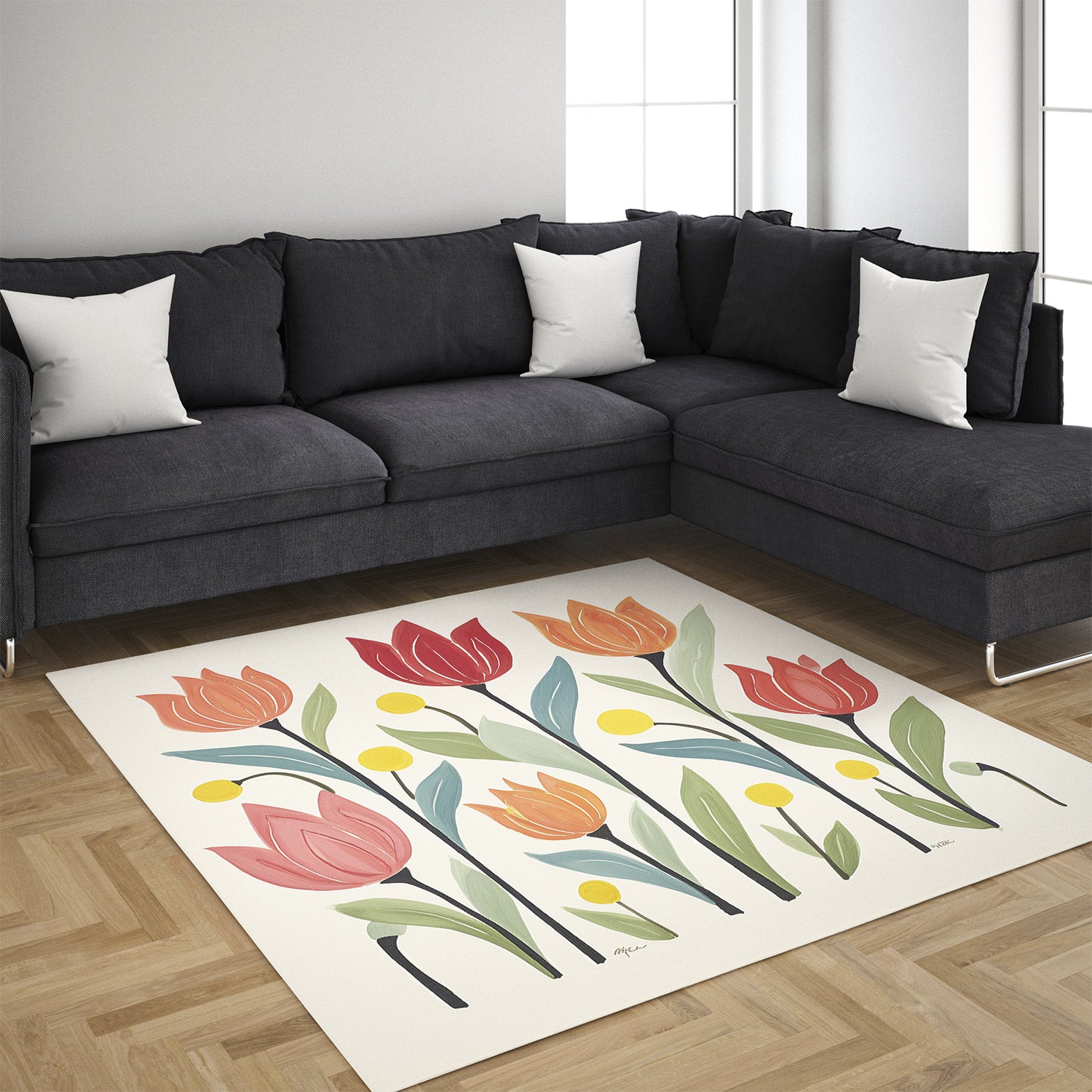 Feblilac Tulips Off-white Background Handmade Tufted Acrylic Livingroom Carpet Area Rug