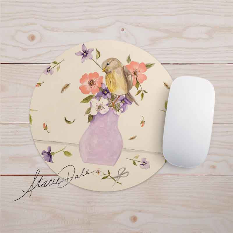 Feblilac Purple Vase Flower and Bird Mouse Pad by Stacie from US