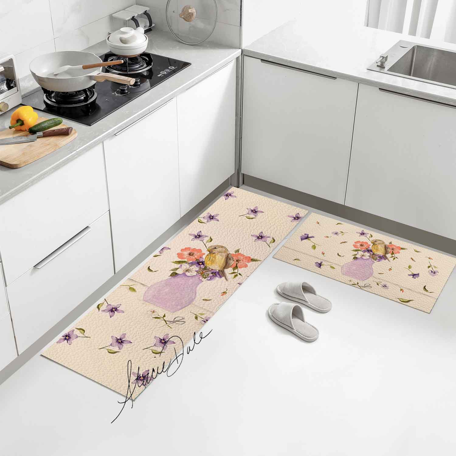 Feblilac Purple Vase Flower and Bird PVC Leather Kitchen Mat by Stacie from US