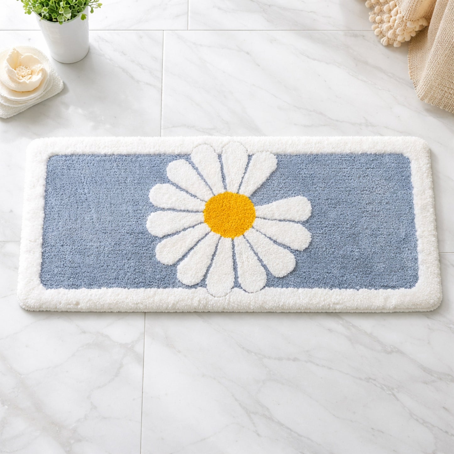 Feblilac Blue/Green/ Grey Daisy Runner Mat for Bedroom Bathroom, 50x120cm / 20"x47"