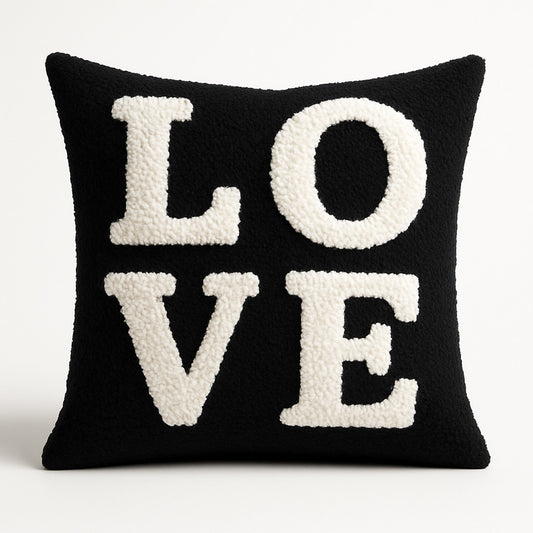 Feblilac LOVE Tufted Throw Pillow, Black and Cream Sherpa Textured Decorative Pillow with Insert