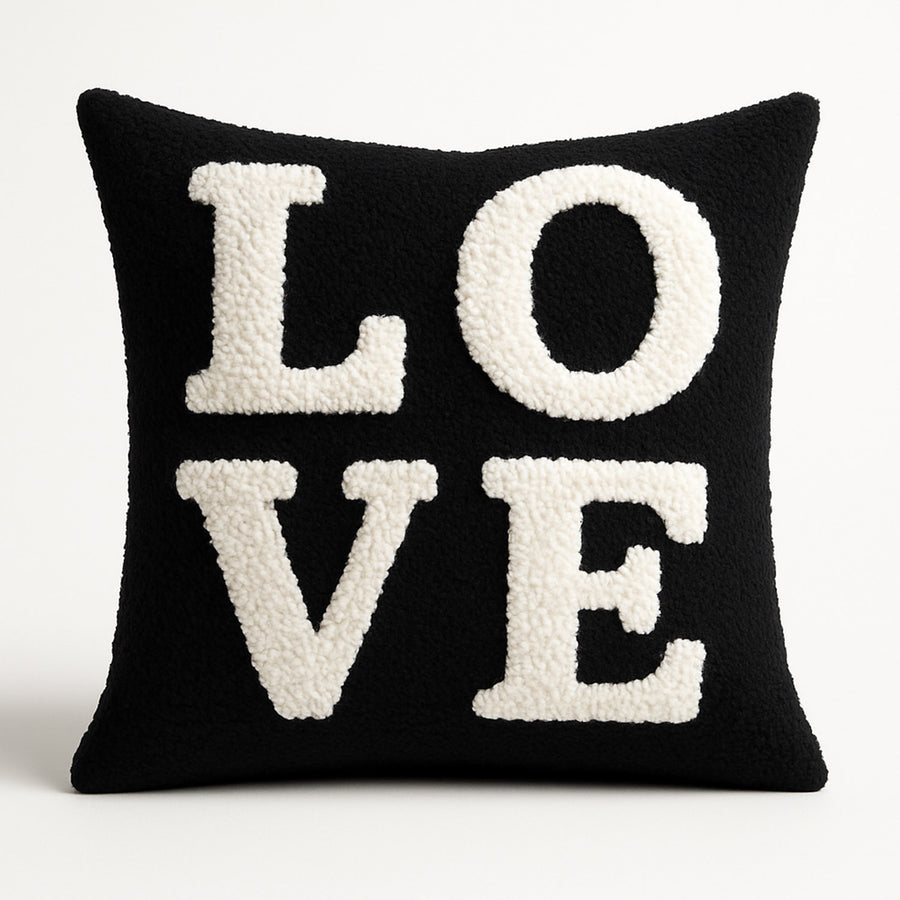 Feblilac LOVE Tufted Throw Pillow, Black and Cream Sherpa Textured Decorative Pillow with Insert