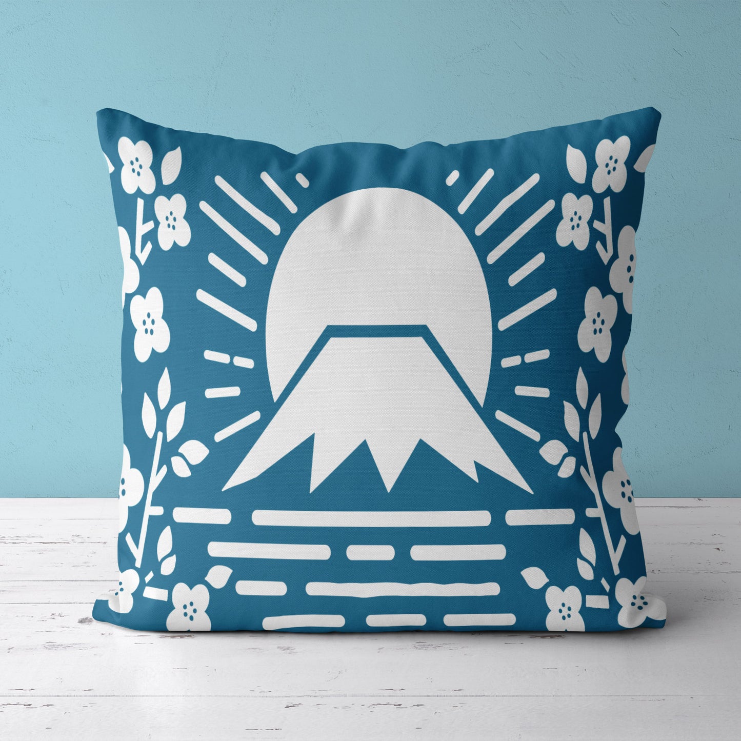 Feblilac Simple Blue Background Mt. Fuji Cherry Blossoms Cushion Covers Throw Pillow Covers