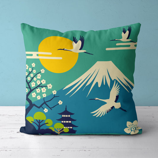 Feblilac Mount Fuji Crane Cushion Covers Throw Pillow Covers