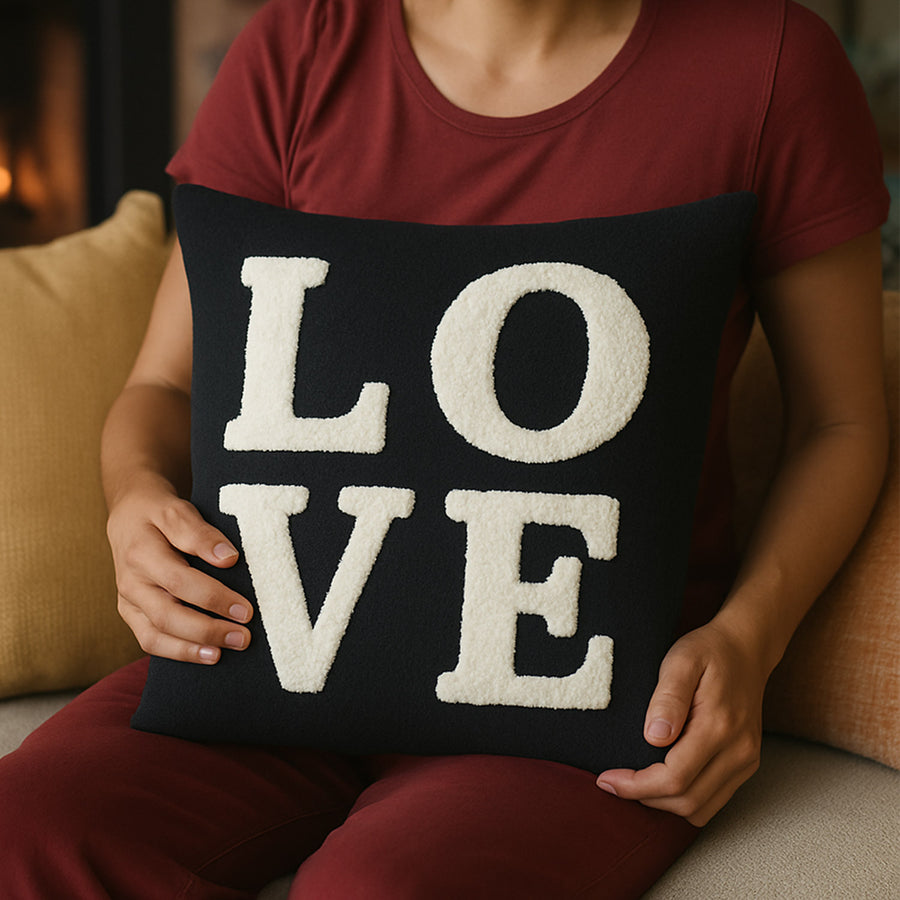 Feblilac LOVE Tufted Throw Pillow, Black and Cream Sherpa Textured Decorative Pillow with Insert - view 2